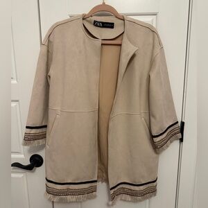 Zara Tan Faux Suede Jacket with Embroidery around Sleeves and Hem